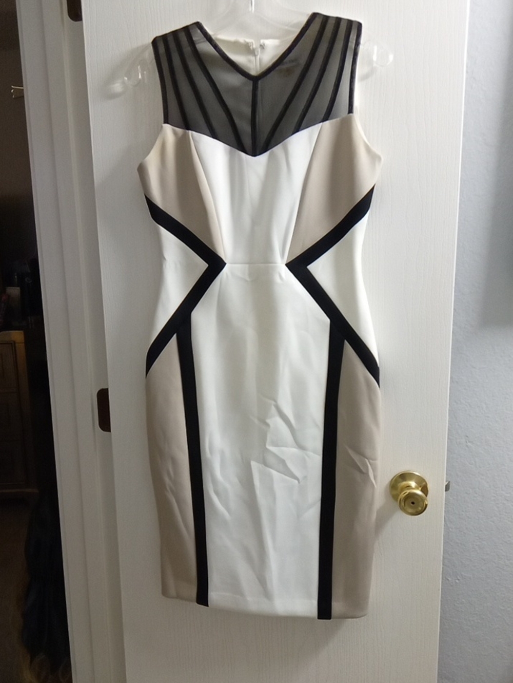 Calvin Klein White, Beige and Black Sleeveless Sheath Dress